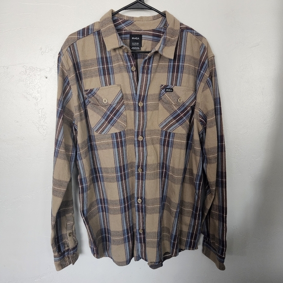 RVCA Men's XL Tan Brown Blue Plaid Button-Up Shirt Flannel Long Sleeve Top - Picture 1 of 6